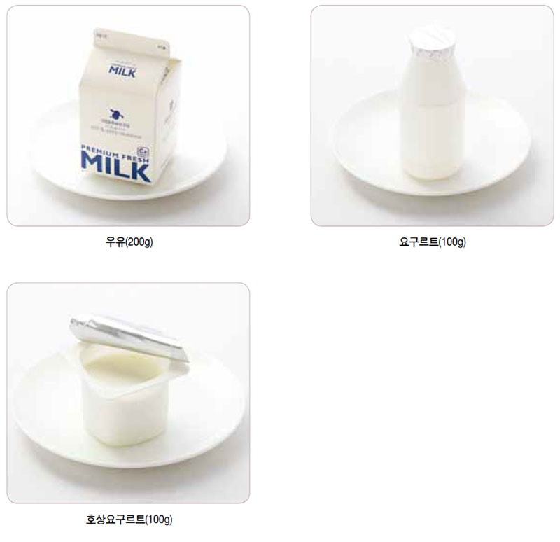 우유.유제품류 대표 식품의 1인 1회 분량과 조리 상태